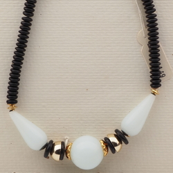 Vintage Czech necklace black rondelle opaline white chunky glass beads