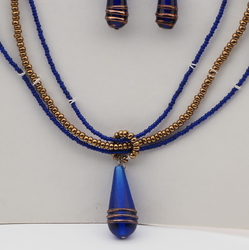 Vintage Czech necklace earring set gold cobalt blue lampwork glass beads 