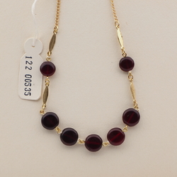 Vintage Czech gold chain link necklace black disc glass beads 16"