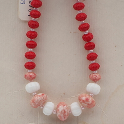 Vintage Czech necklace red white pink marble rondelle glass beads 