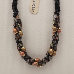 Vintage Czech 3 strand necklace black clear marble pentagon glass beads