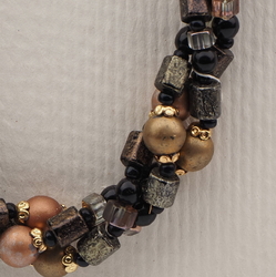 Vintage Czech 3 strand necklace black clear marble pentagon glass beads