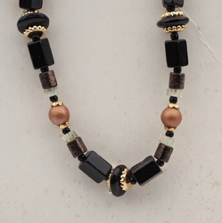 Vintage Czech necklace black clear marble pentagon glass beads 17"