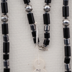Vintage Czech necklace black hematite silver bugle round glass beads