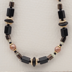 Vintage Czech necklace black clear marble pentagon glass beads