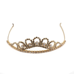 Handmade glass rhinestone pearl gold tone tiara crown ball pageant wedding graduation Czech