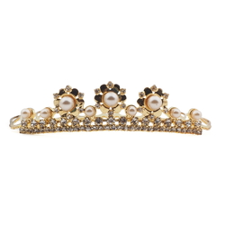 Czech glass rhinestone pearl barette tiara crown ball pageant wedding graduation gold tone