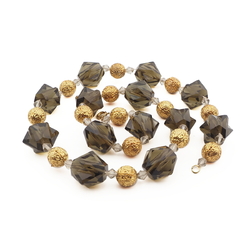 Vintage necklace Czech green faceted Art Deco glass beads gold metal ball beads