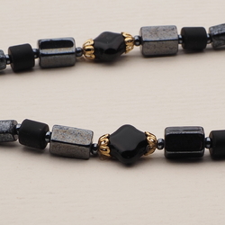 Vintage Czech necklace black hematite marble glass beads 18"