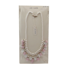 Vintage Czech necklace white round leaf pink flower glass beads