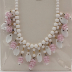 Vintage Czech necklace white round leaf pink flower glass beads