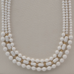 Vintage Czech 3 strand necklace white round oval bugle glass beads 18" 