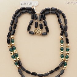 Vintage Czech 2 strand necklace black pentagon gold green glass beads 