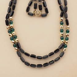 Vintage Czech 2 strand necklace black pentagon gold green glass beads 
