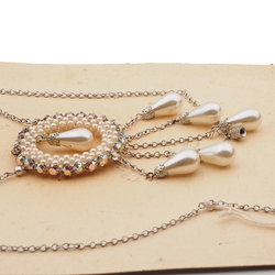 Vintage Czech silver chain necklace pearl glass bead AB rhinestone pendant