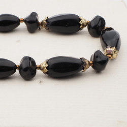 Vintage Czech necklace black oval nugget glass beads 18"