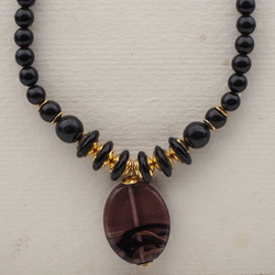 Vintage Czech necklace black aventurine gold swirl lampwork glass beads