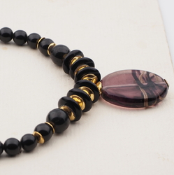 Vintage Czech necklace black aventurine gold swirl lampwork glass beads