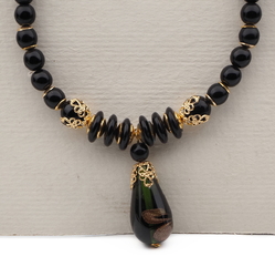 Vintage Czech necklace black aventurine gold swirl lampwork glass beads