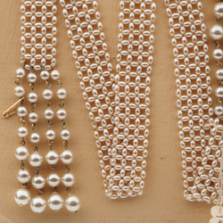 Vintage Czech belt necklace pearl silver glass beads 