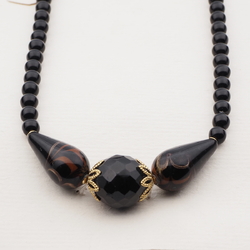 Vintage Czech necklace black aventurine gold lampwork glass beads