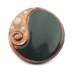 Antique Czech Art Nouveau gold gilt enamel dark jade green glass button 18mm