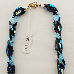 Vintage Czech 4 strand necklace black blue vitrail glass beads 