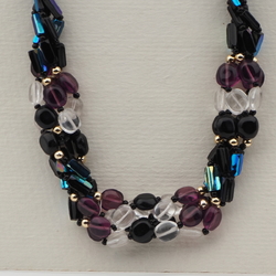 Vintage Czech 4 strand necklace black vitrail clear purple glass beads 