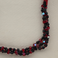 Vintage Czech 3 strand necklace black vitrail red glass beads 