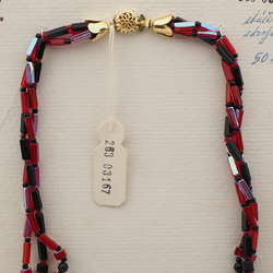 Vintage Czech 3 strand necklace black vitrail red glass beads 