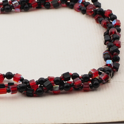Vintage Czech 3 strand necklace black vitrail red glass beads 