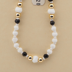 Vintage Czech necklace black white hexagon faceted gold glass beads 17"