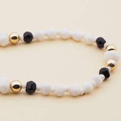 Vintage Czech necklace black white hexagon faceted gold glass beads 17"