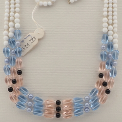 Vintage Czech 3 strand necklace white blue pink pearl glass beads 