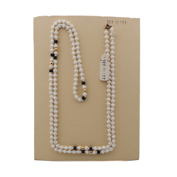 Vintage Czech necklace black white hexagon faceted gold glass beads 44"