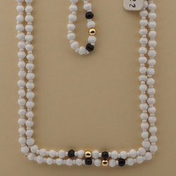 Vintage Czech necklace black white hexagon faceted gold glass beads 44"
