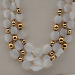 Vintage Czech 3 strand necklace opaline white gold glass beads 
