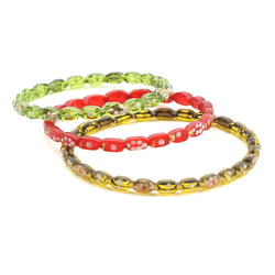Lot 3 antique Czech red, green, golden yellow glass bangles with gold gilt enamel painting 