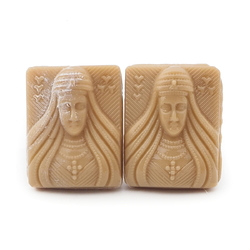 Lot (2) antique Deco Czech 2 hole rectangle Egyptian revival Pharaoh beige connector glass beads 17mm