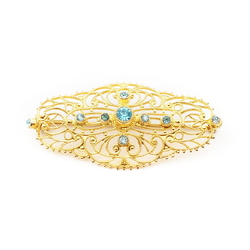 Vintage Czech gold metal blue glass rhinestone filigree pin brooch