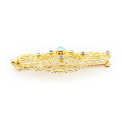 Vintage Czech gold metal blue glass rhinestone filigree pin brooch