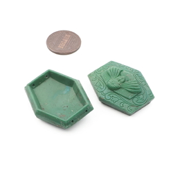 Lot (2) antique Deco Czech 2 hole hexagon Egyptian revival Pharaoh green connector glass beads 31mm