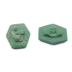 Lot (2) antique Deco Czech 2 hole hexagon Egyptian revival Pharaoh green connector glass beads 31mm