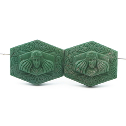 Lot (2) antique Deco Czech 2 hole hexagon Egyptian revival Pharaoh green connector glass beads 31mm