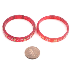 Lot (2) Antique Czech gold gilt and enamel red glass bangles rings 43mm