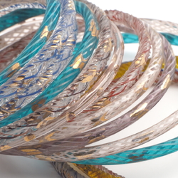Lot (16) antique Czech transparent bicolor filigree spiral gold gilt glass bangles hoops rings