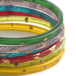 Lot (6) antique Czech gold gilt filigree spiral striped bicolor glass bangles hoops rings