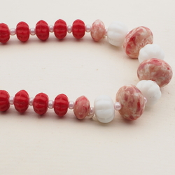 Vintage Czech necklace pink marble red rondelle flower glass beads 