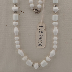 Vintage Czech necklace white round bicone bugle flower glass beads 27"