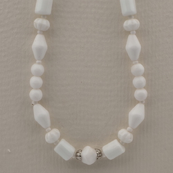 Vintage Czech necklace white round bicone bugle flower glass beads 16"